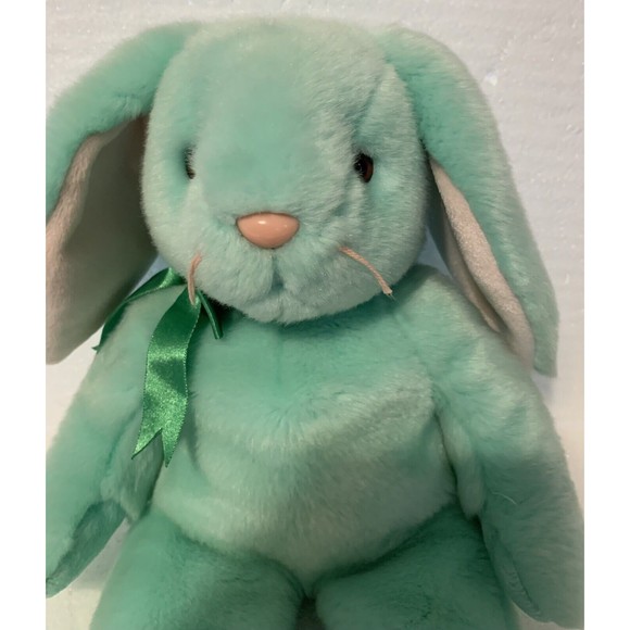 TY Beanie Buddy HIPPITY Green Easter Bunny Rabbit Pink Nose 14" Satin Bow - Picture 2 of 8